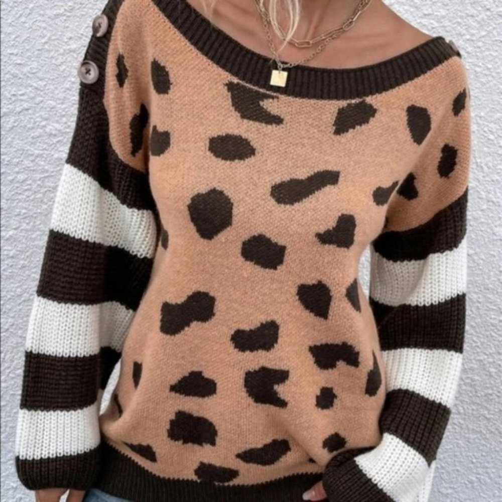 Contemporary Brown White Stripe Leopard Oversized - Picture 3 of 7